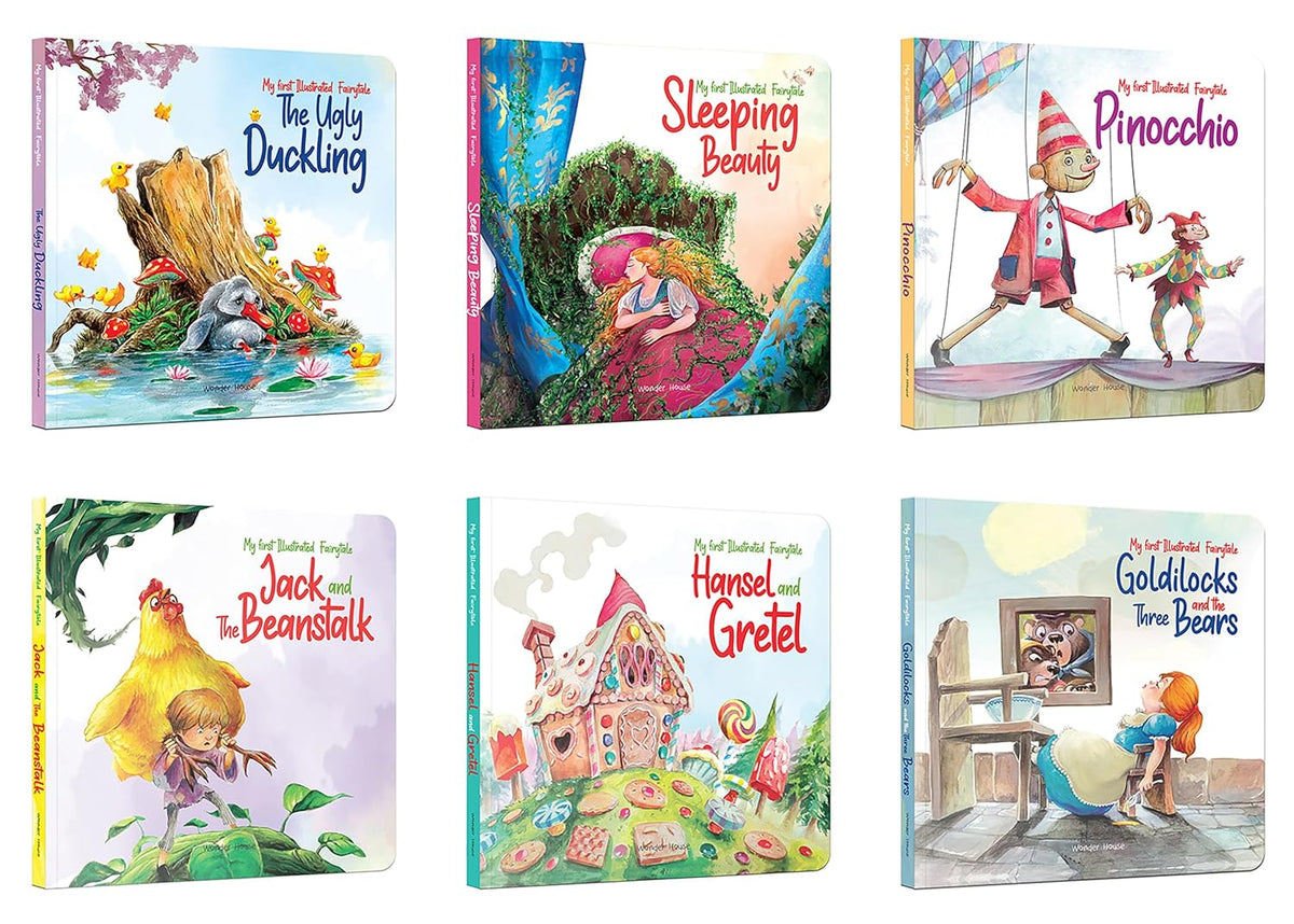 Collection of children's books with colorful illustrations on a white background