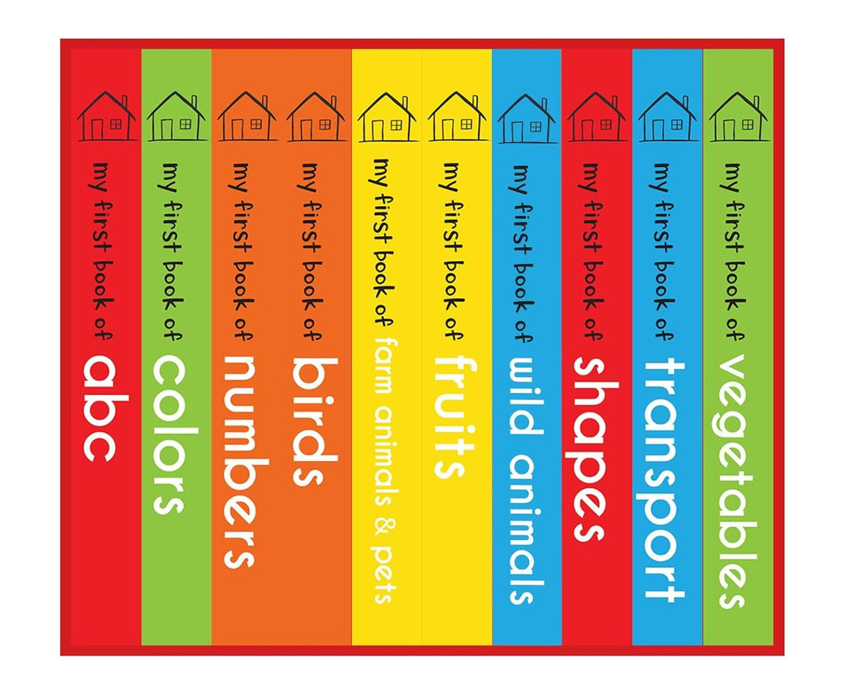 Set of colorful children's books with titles on a red background