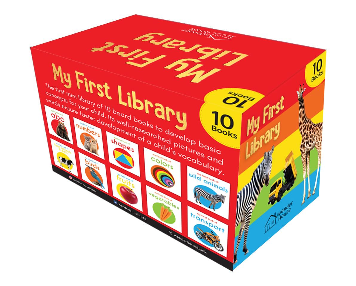 Children's book set titled 'My First Library' with colorful design and animal illustrations on a white background.