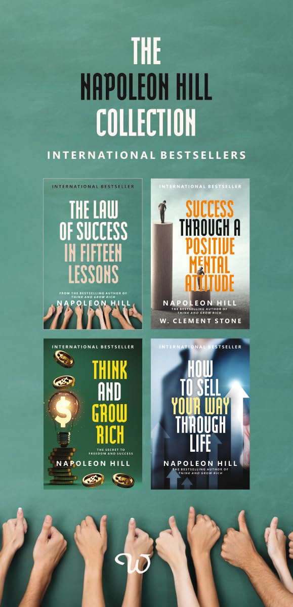 Promotional graphic for The Napoleon Hill Collection featuring four book covers arranged in a 2x2 grid on a teal background, with the titles of bestsellers displayed above and multiple hands pointing upward along the bottom edge.