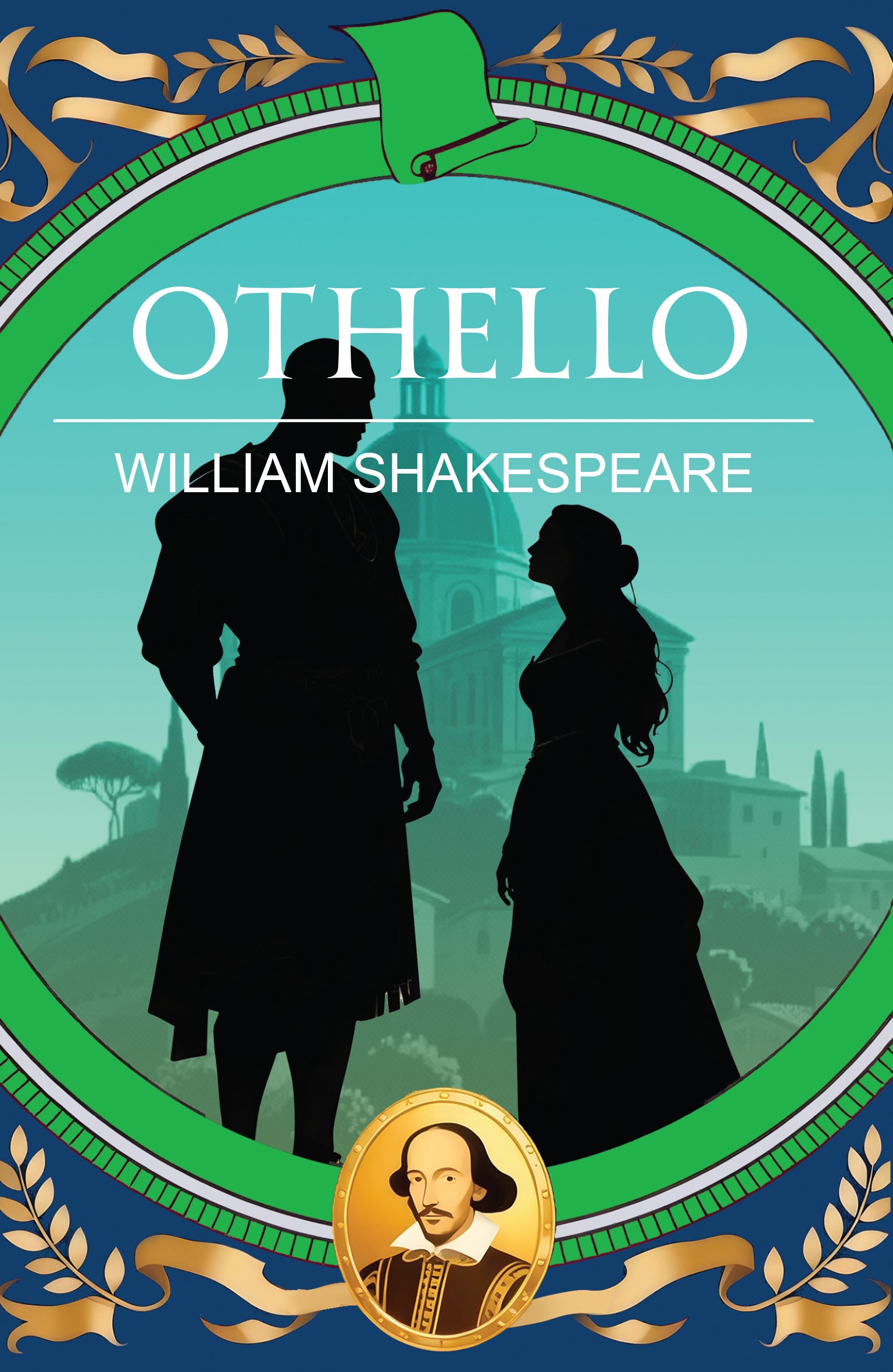 Book cover of 'Othello' by William Shakespeare with silhouettes of a man and woman against a cityscape.