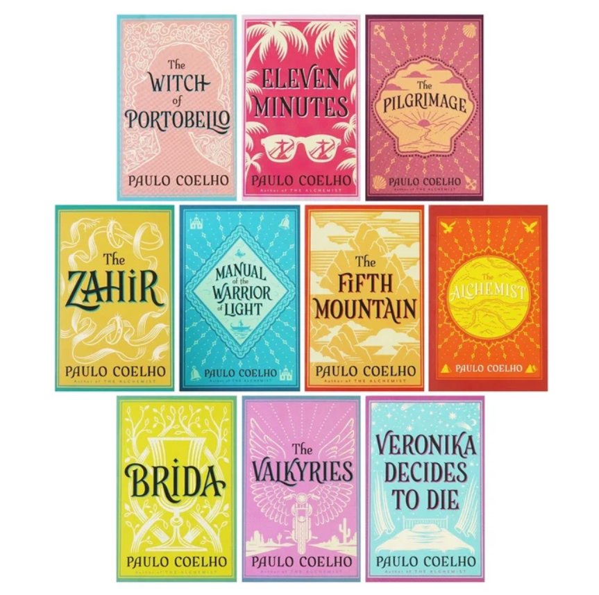 A 3x4 grid of ten book covers by Paulo Coelho, each with a different bright pastel and saturated cover design. The titles include The Witch of Portobelo, Eleven Minutes, The Pilgrimage, The Zahir, Manual Warrior Light, The Fifth Mountain, Aichemist, Brida, The Valkries, and Veronika Decides to Die.