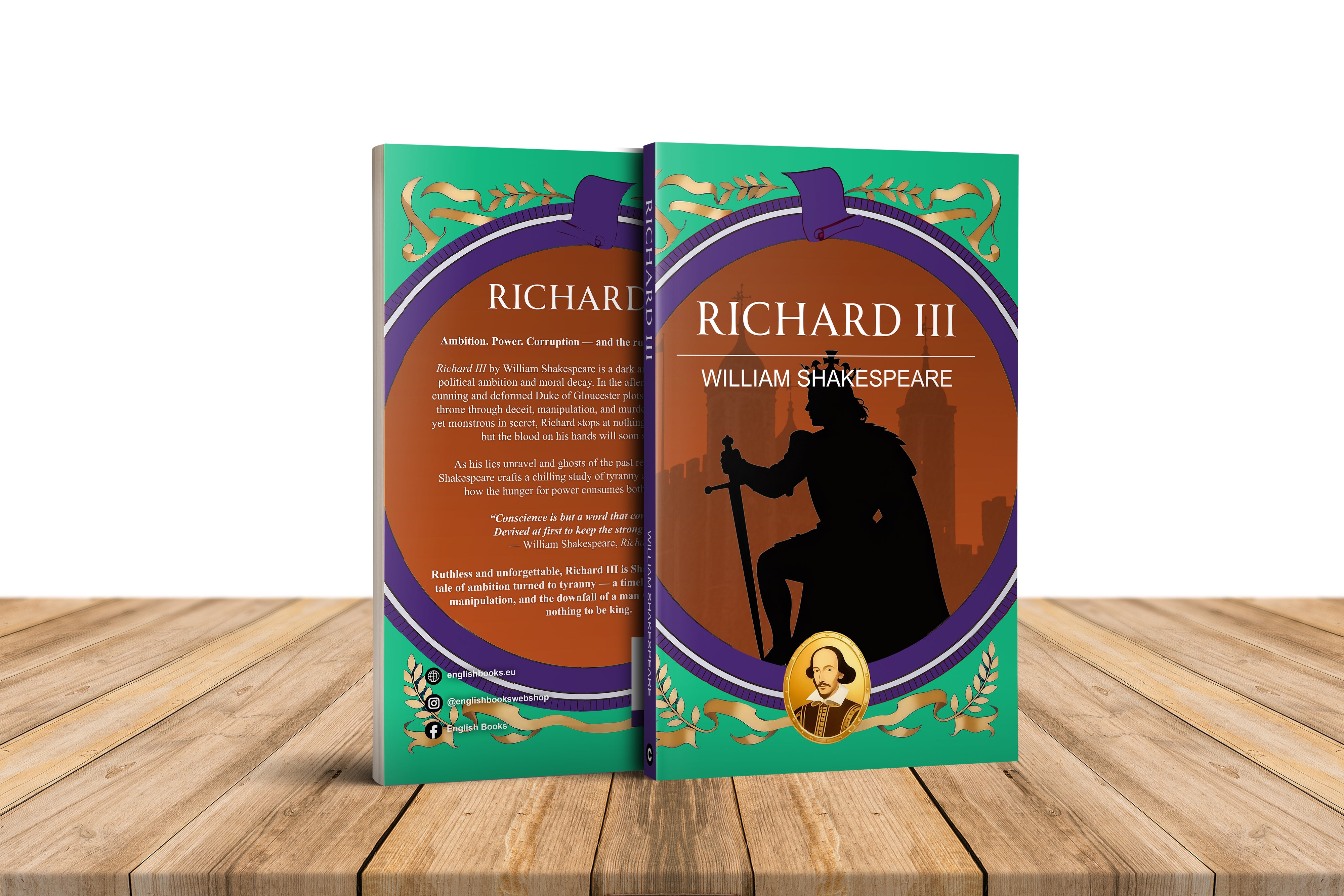 Book titled 'Richard III' by William Shakespeare on a wooden surface