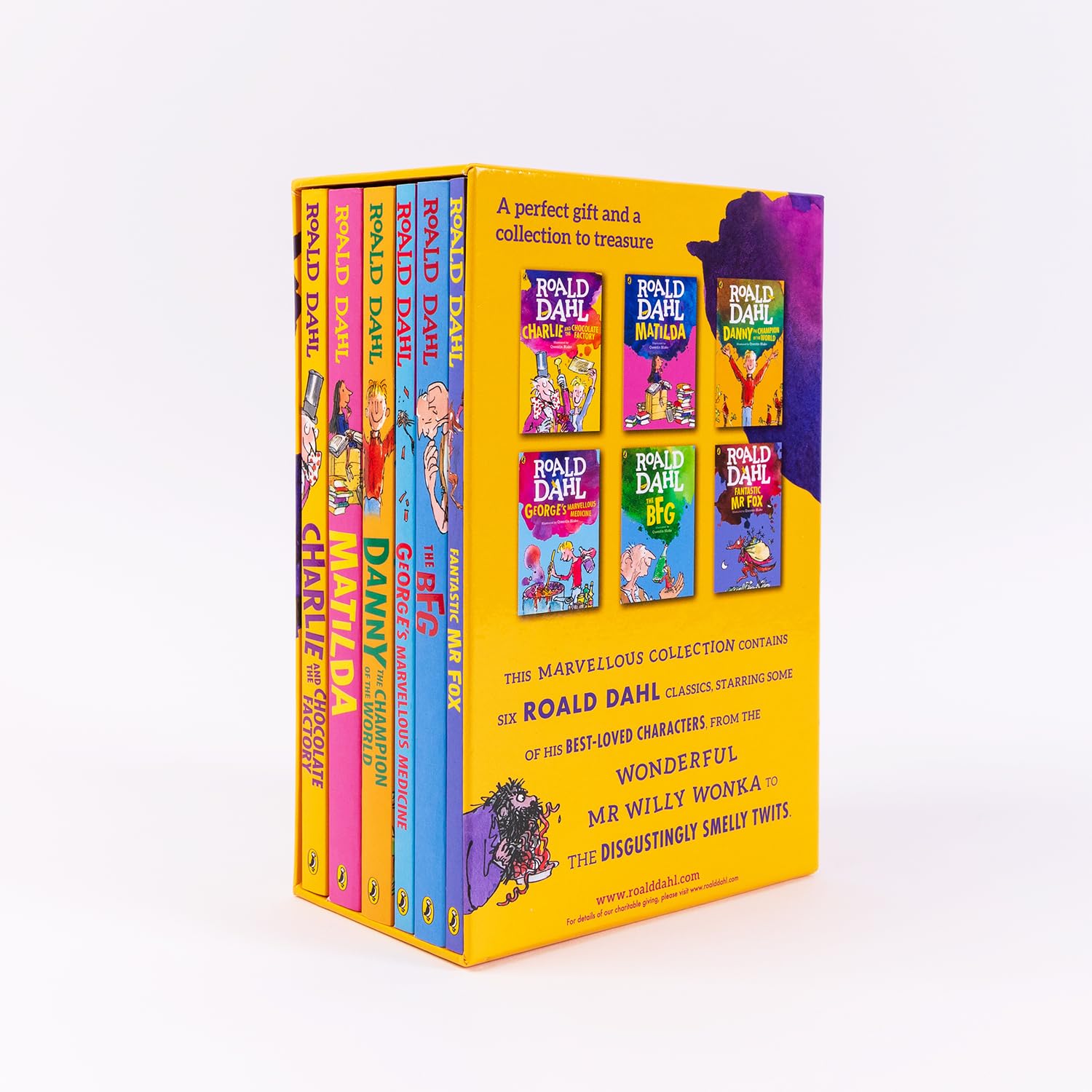 A boxed children's book collection titled 'The Marvelous Collection' featuring six books from the 'Road Dahl' series and 'Charlie and the Chocolate Factory'. The box is bright yellow with colorful book spines and illustrations, photographed on a clean white background.