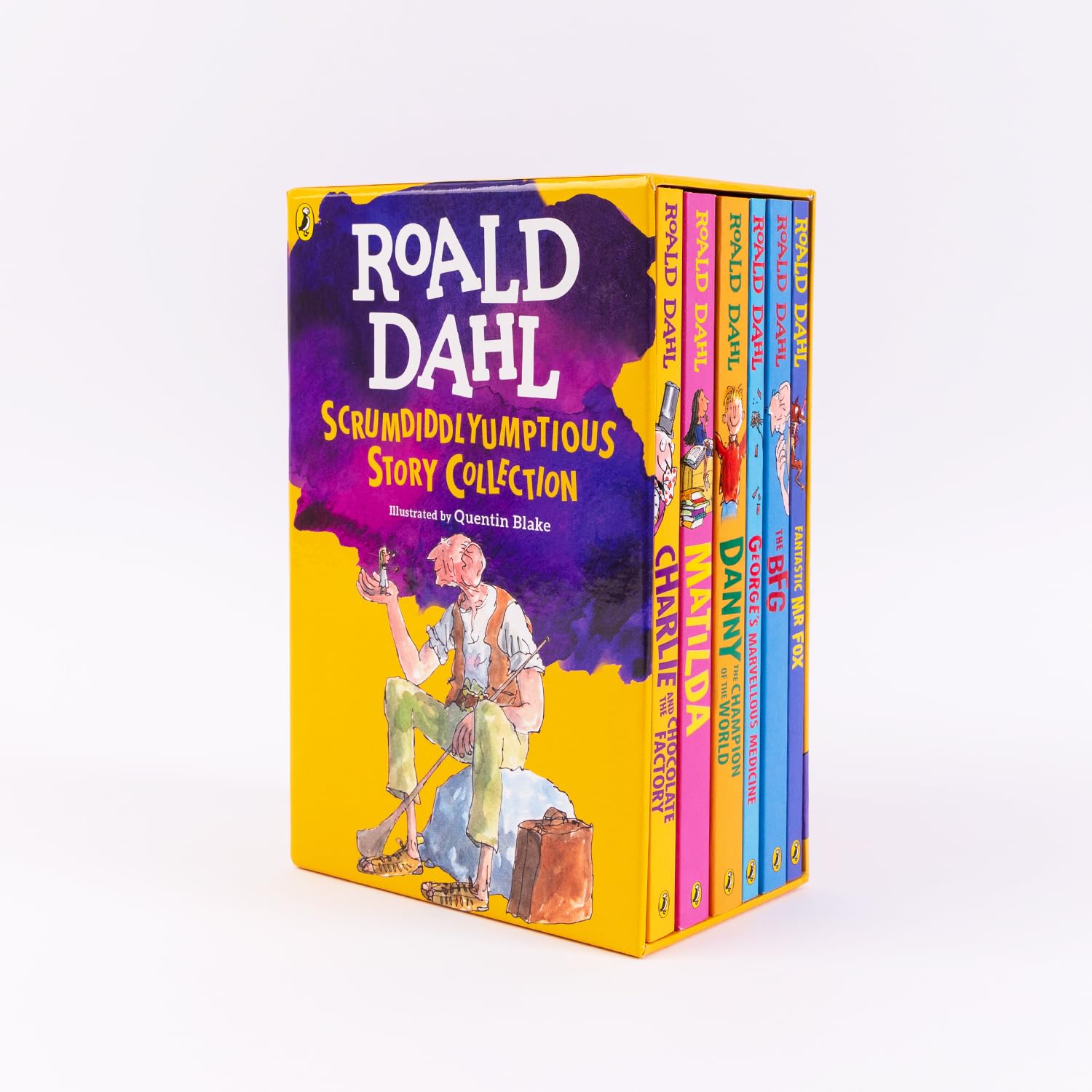 Roald Dahl book collection with colorful covers on a white background