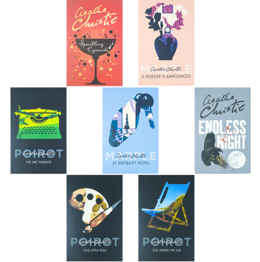 Collection of Agatha Christie book covers with colorful designs on a white background