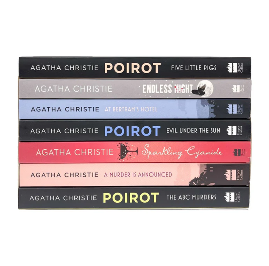 Stack of Agatha Christie Poirot books on a white background