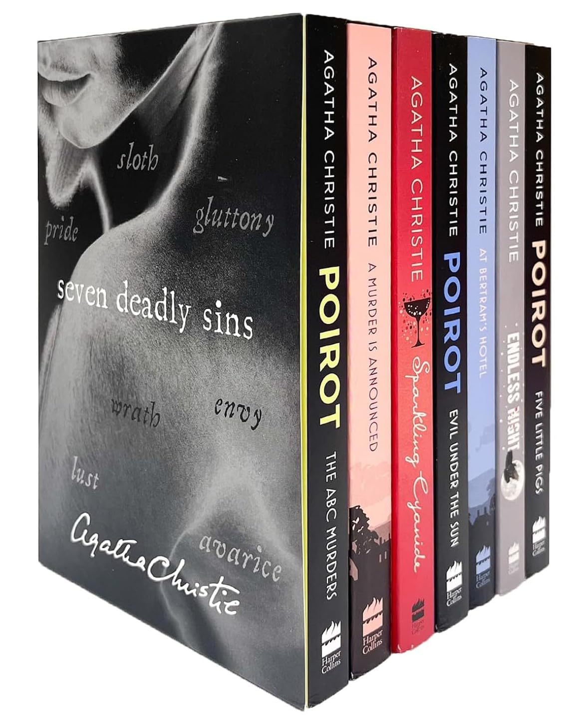 Set of Agatha Christie books featuring 'Poirot' series on a white background
