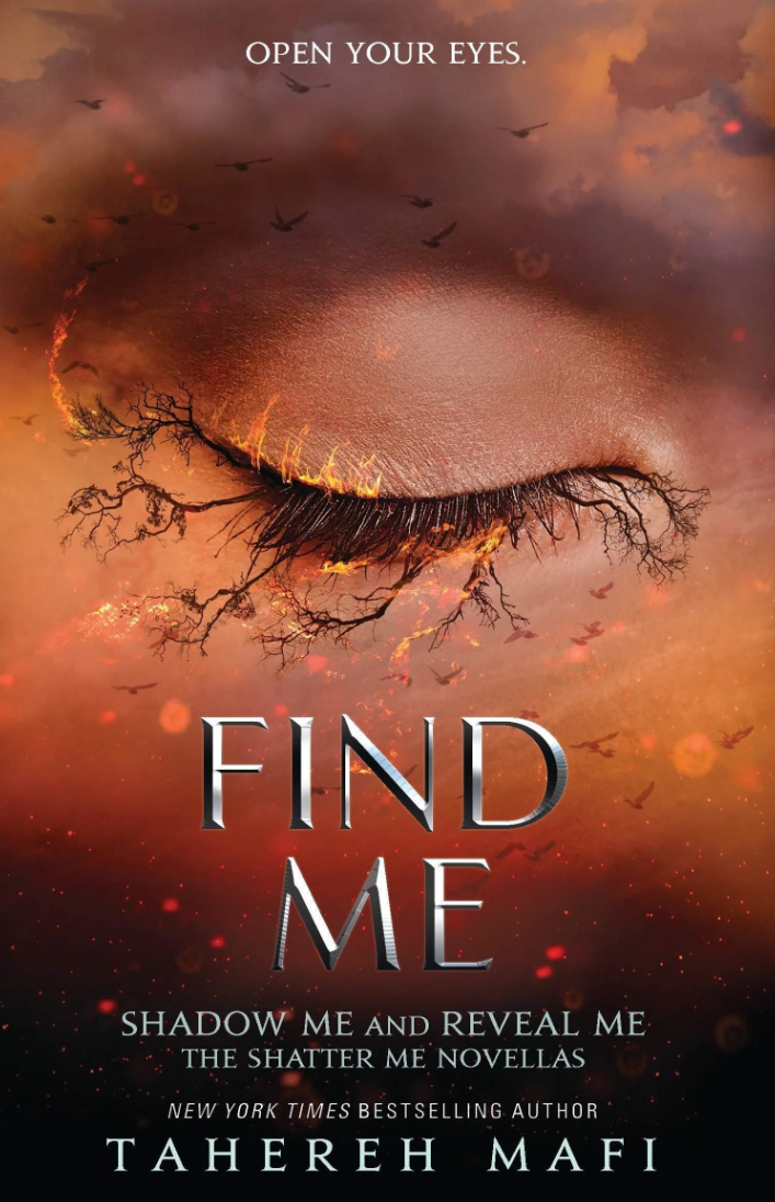 Book cover for 'Find Me' by Tahereh Mafi, featuring a dramatic close-up of a closed eye with glowing flames and dark branches growing from the lashes, set against a fiery orange and red sky with flying birds.