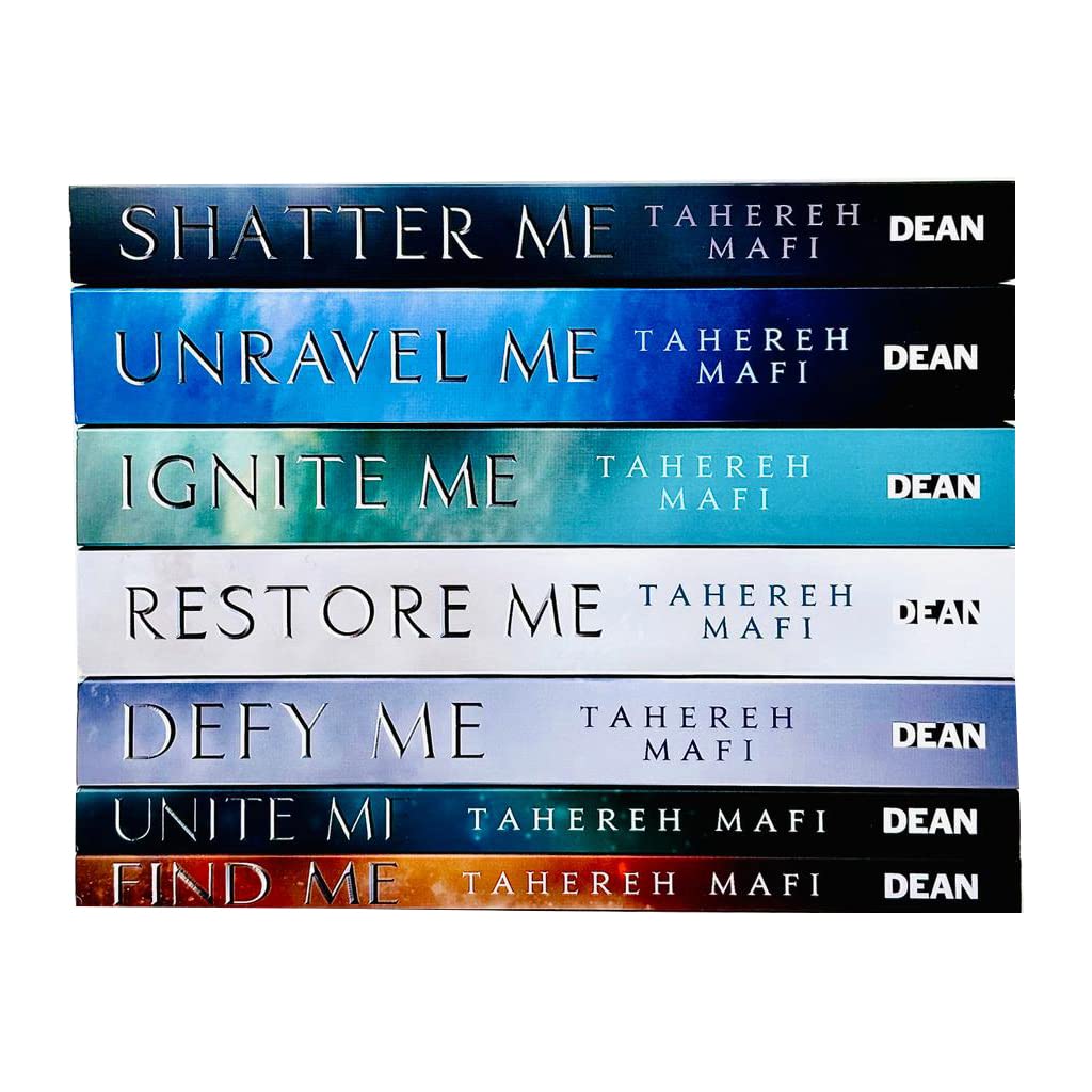 Stack of books titled 'Shatter Me' to 'Find Me' by Tahereh Mafi and Dean on a white background