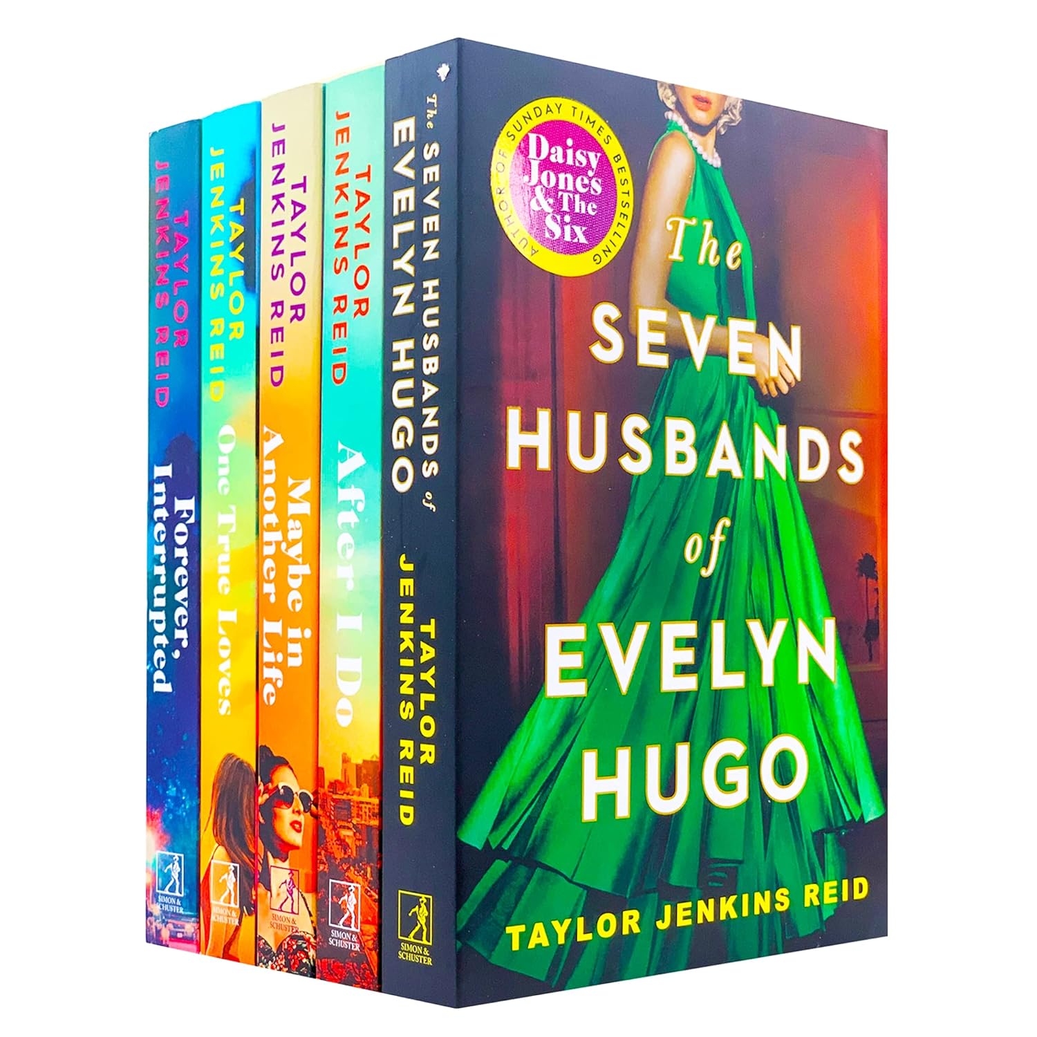 Collection of books by Taylor Jenkins Reid with colorful covers on a white background