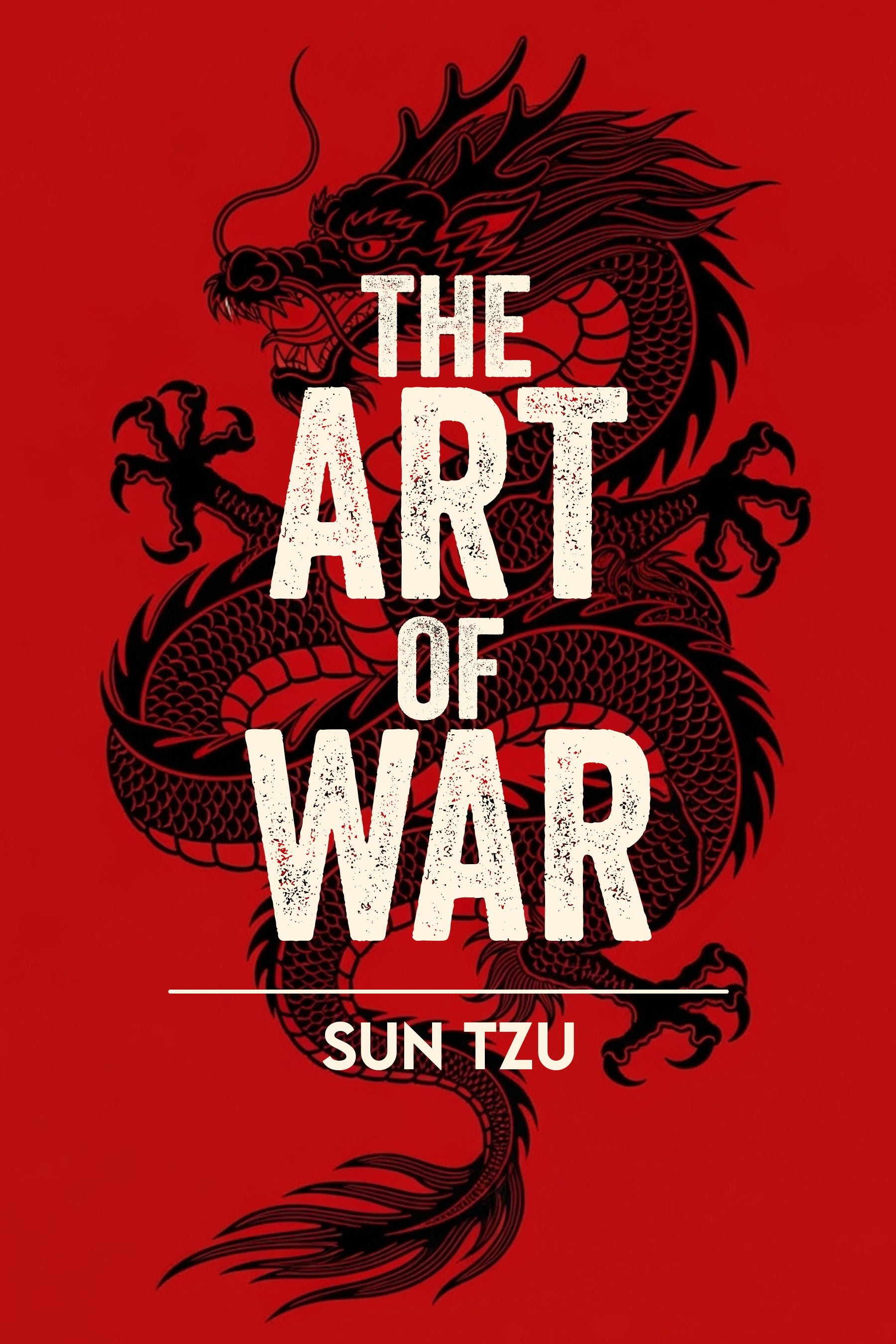 Book cover of 'The Art of War' by Sun Tzu with a black dragon on a red background