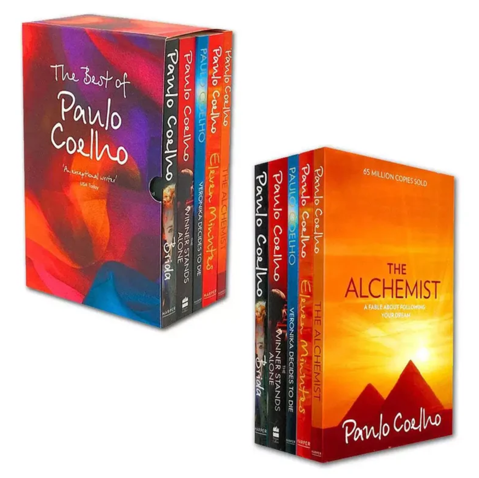 Two book box sets by Paulo Coelho displayed on a plain white background: 'The Best of Paulo Coelho' on the left with multiple colorful volumes, and 'The Alchemist' box set on the right with a yellow-orange cover and red spine.