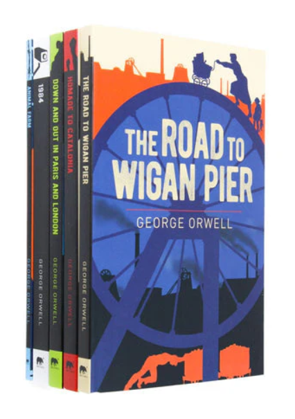 Set of books titled 'The Road to Wigan Pier' by George Orwell with colorful covers.