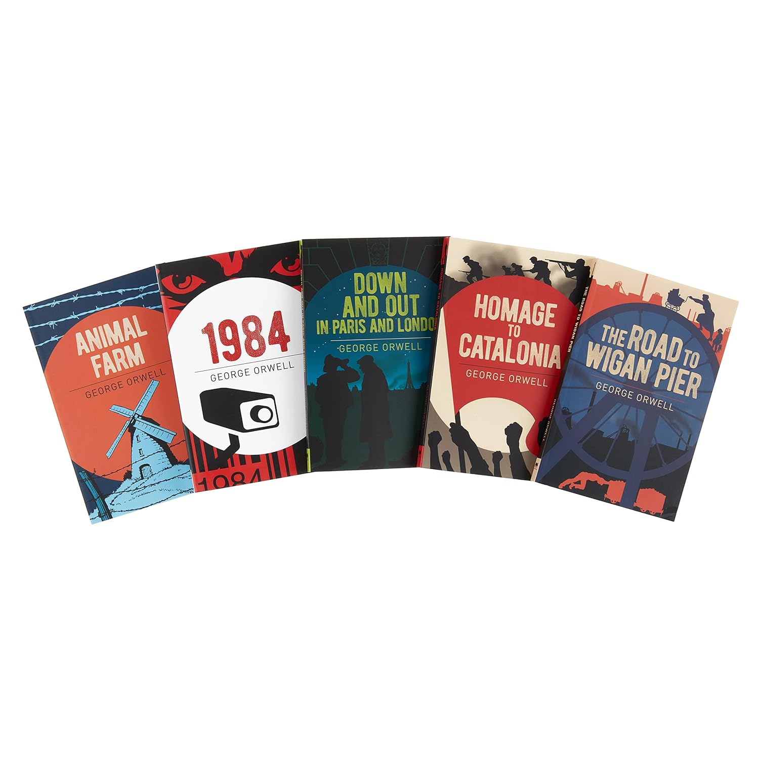 Set of George Orwell books with colorful covers on a white background