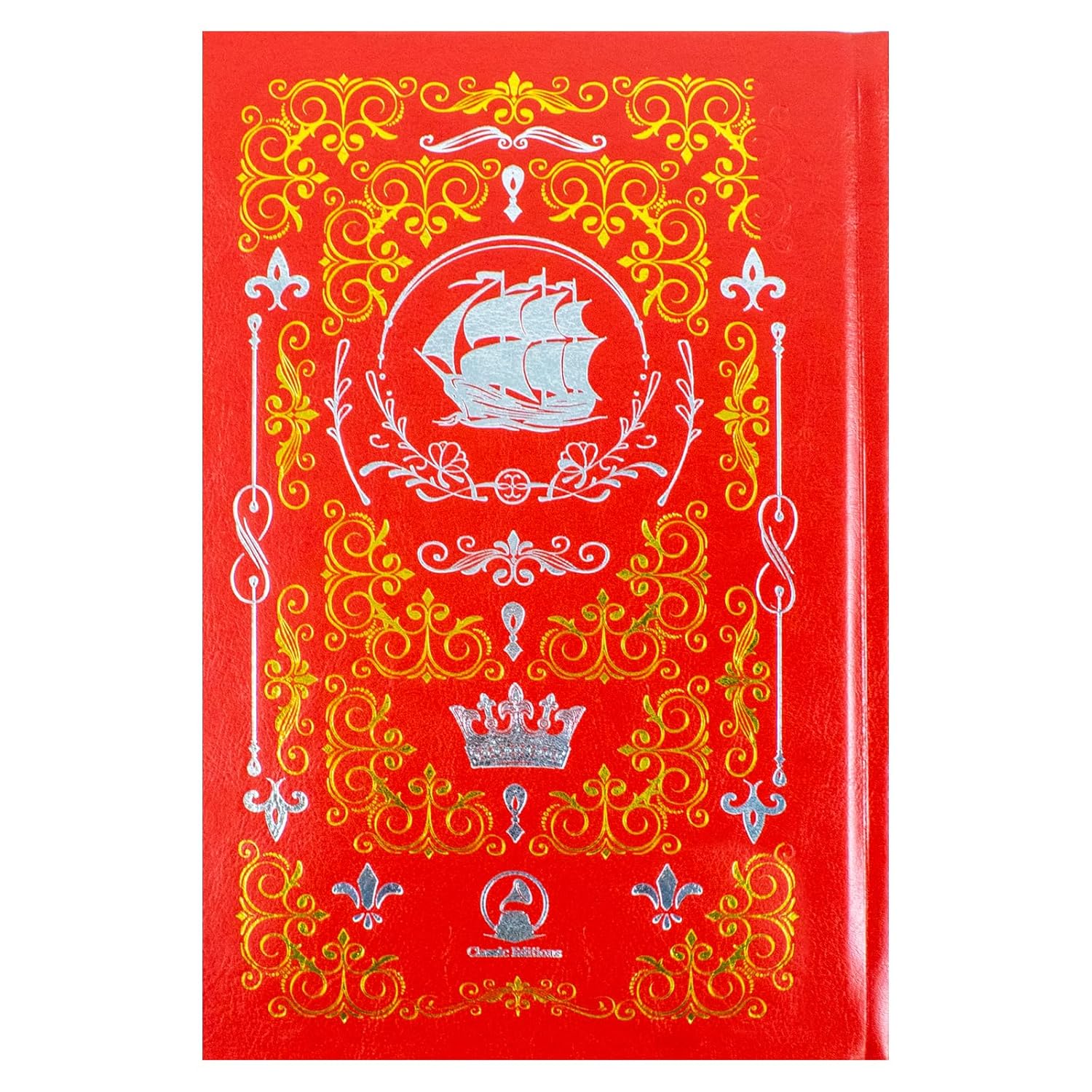 Decorative red book with gold and white designs on a white background