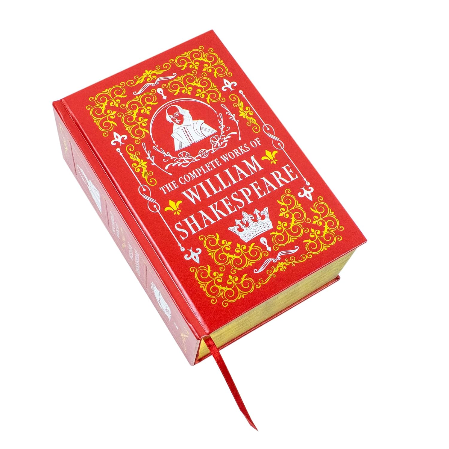 Red book titled 'The Complete Works of William Shakespeare' with decorative elements on a white background