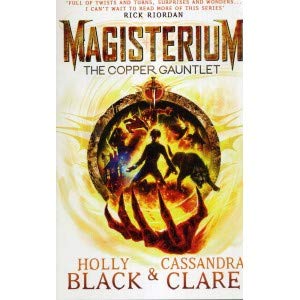 The cover of 'The Copper Gauntlet' featuring a circular design with a fantasy-themed illustration, including a character on horseback against a fiery background, indicative of a magical or fantasy novel.