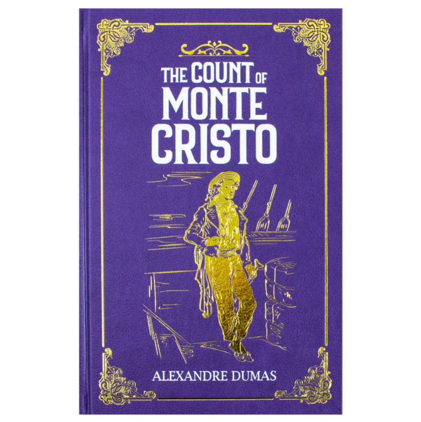 Book cover of 'The Count of Monte Cristo' with purple background and gold illustrations.
