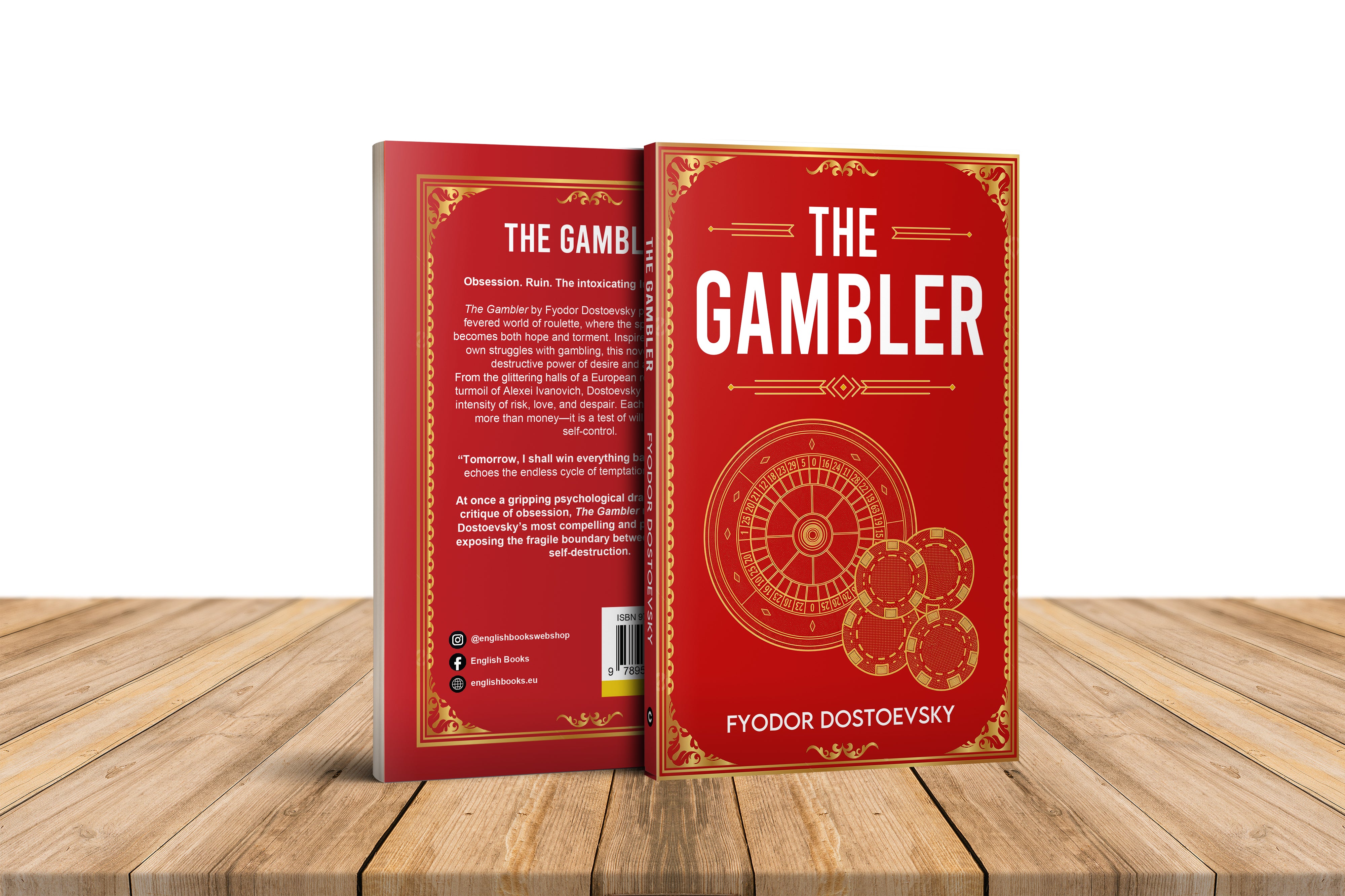 Book titled 'The Gambler' by Fyodor Dostoevsky on a wooden surface