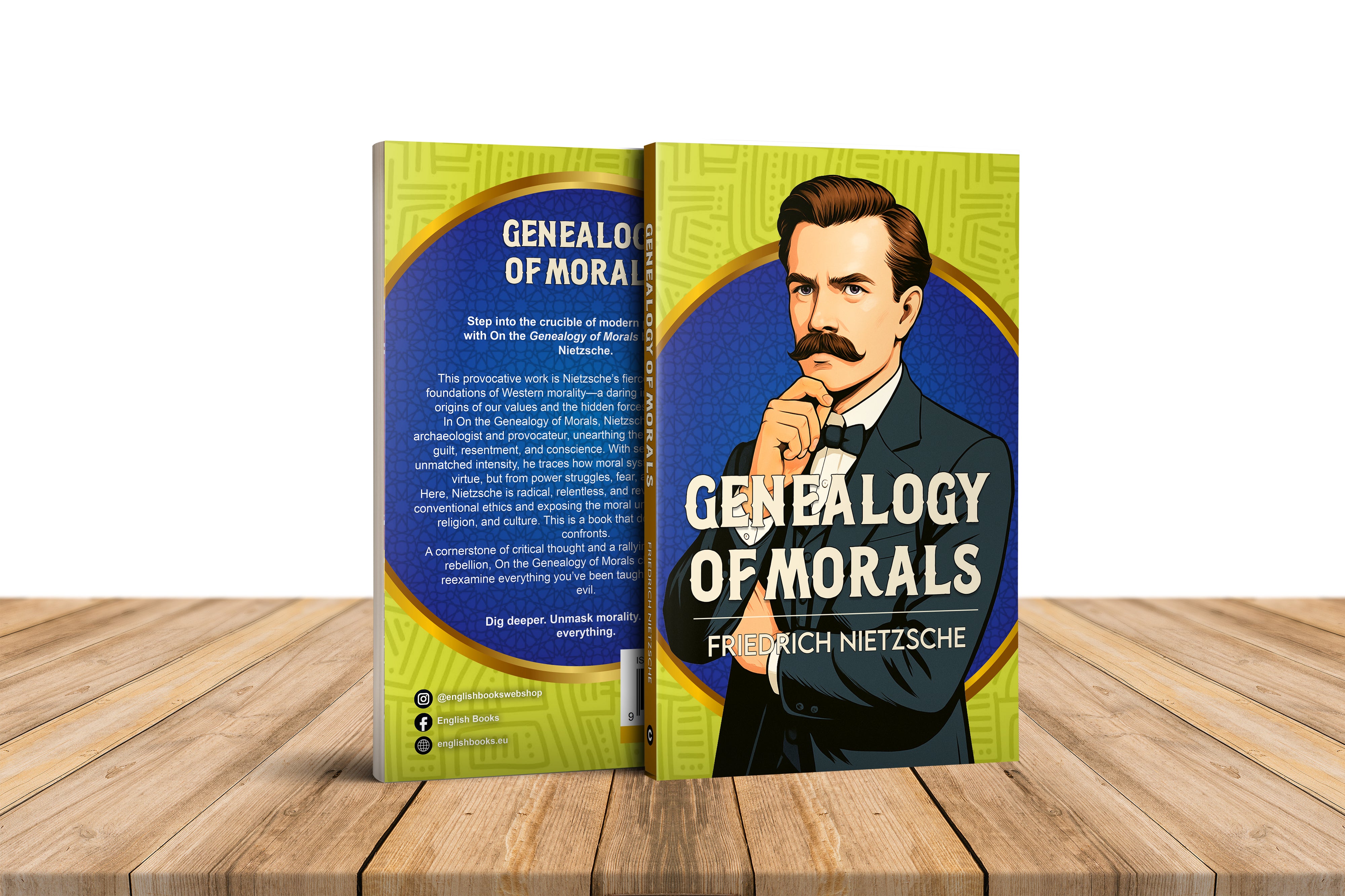 Book titled 'Genealogy of Morals' by Friedrich Nietzsche on a wooden surface
