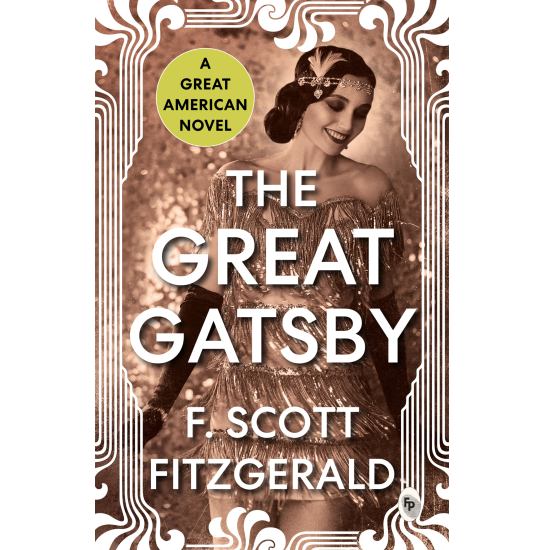 Cover of the book 'The Great Gatsby' by F. Scott Fitzgerald, featuring an image of a woman in a flapper dress from the 1920s with a decorative background.