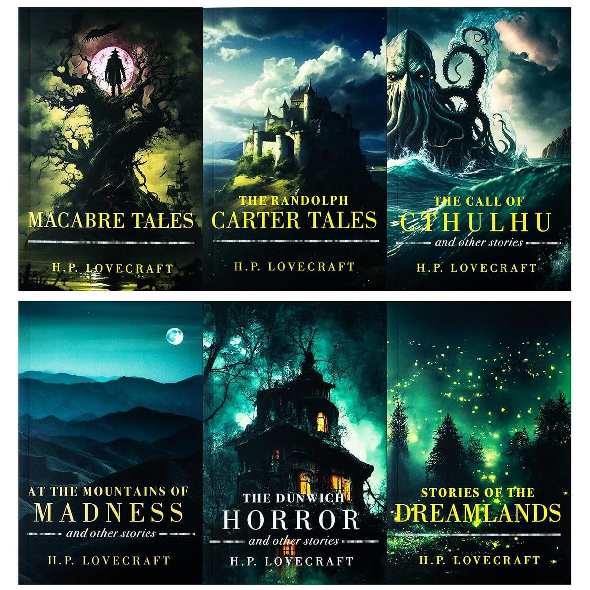 Collage of H.P. Lovecraft book covers featuring various horror and fantasy stories.