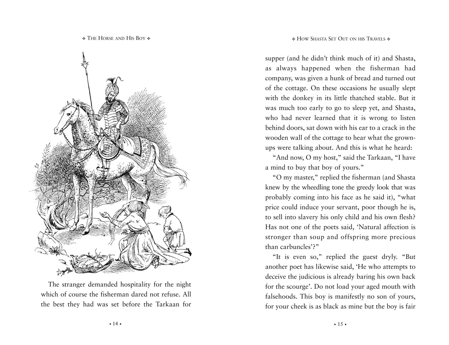 Illustration of a person on horseback with text from 'The House and His Boy' by Rudyard Kipling.