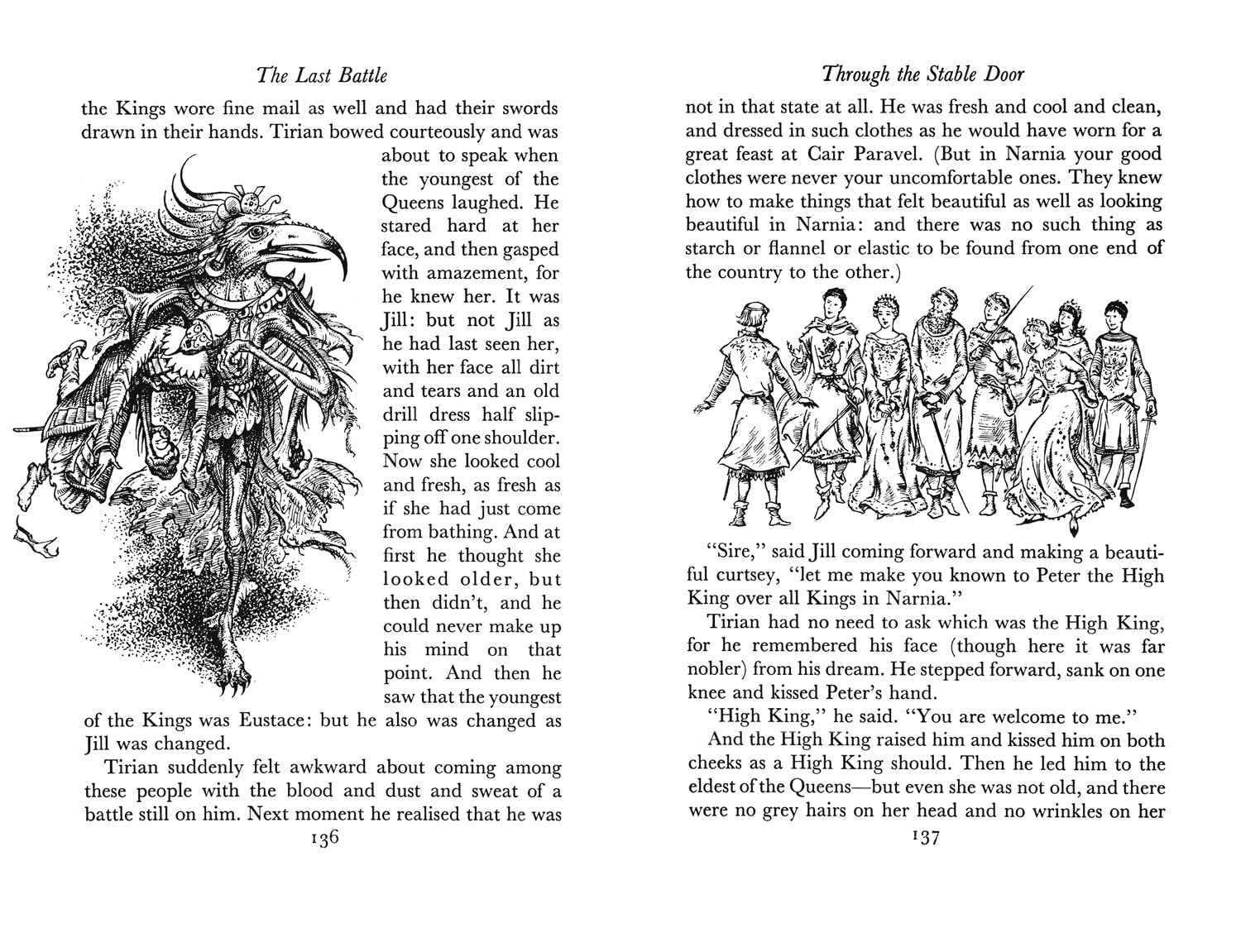 Illustrated book page with black and white drawings of a battle scene and characters, accompanied by text.