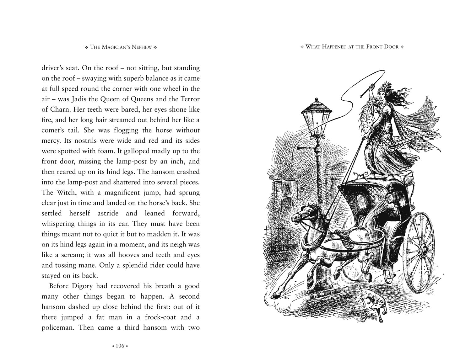 Illustration of a fairy on a horse-drawn carriage in a book page layout.