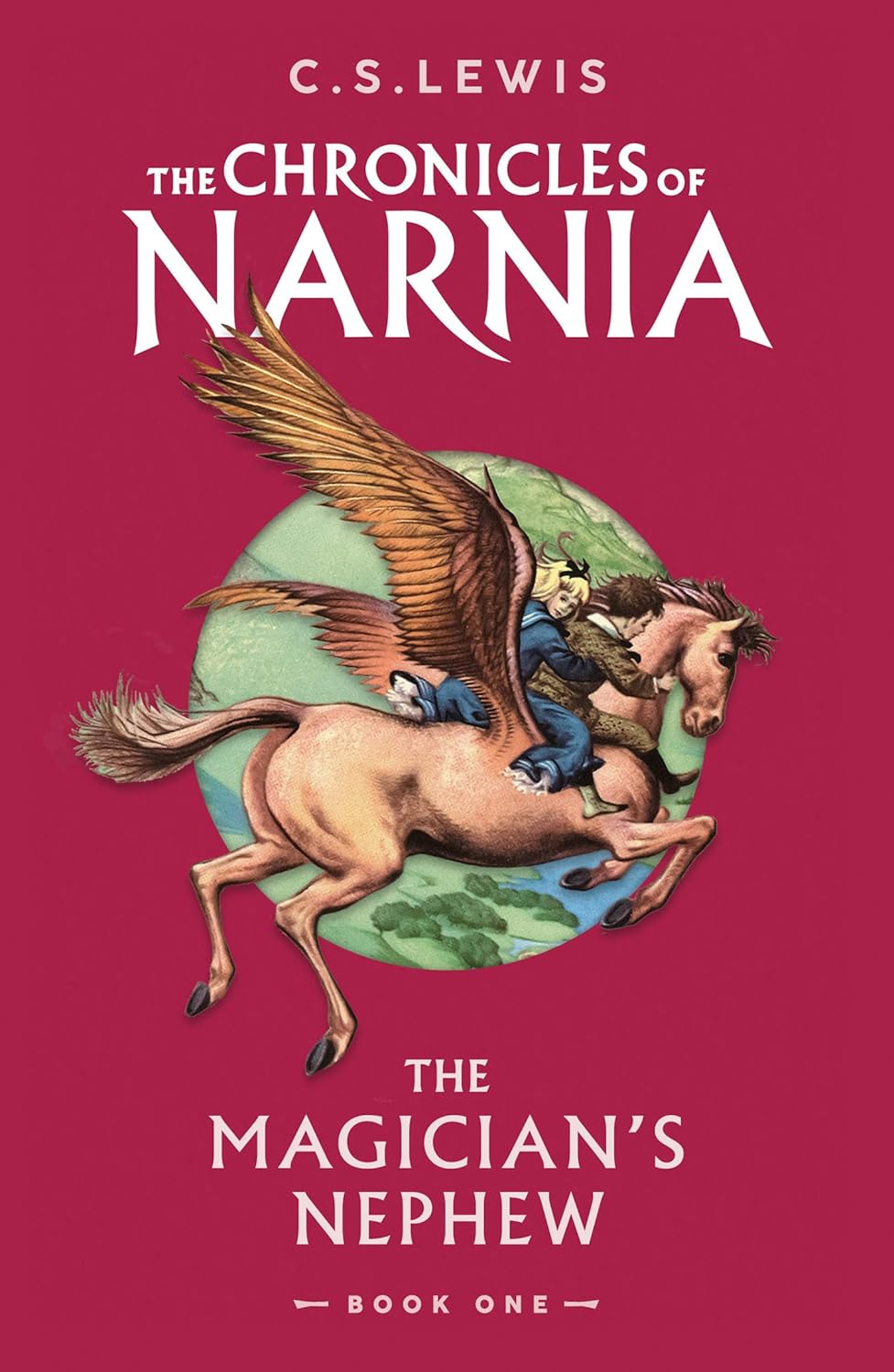 Book cover of 'The Magician's Nephew' from 'The Chronicles of Narnia' series with a winged horse and rider on a red background.