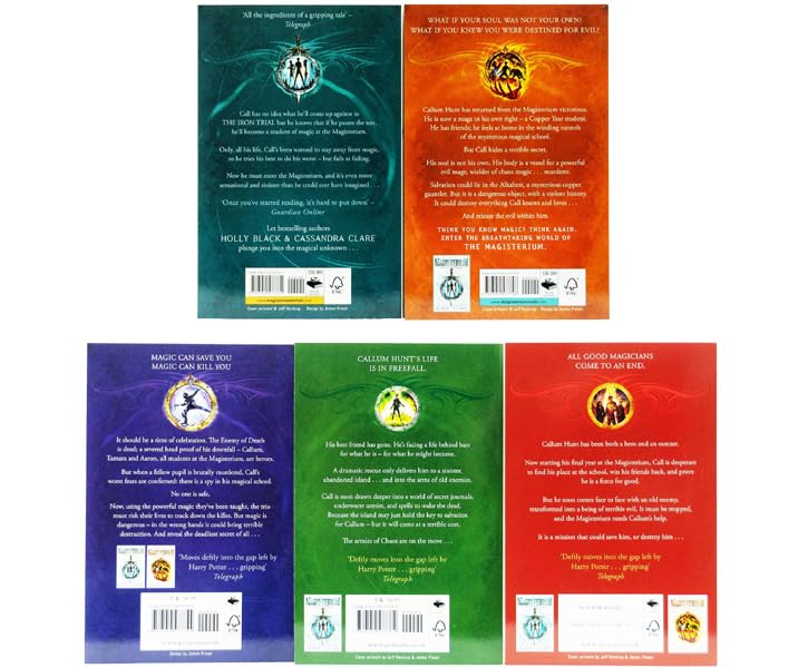 Six book back covers arranged in two rows on a white background, each with a different colored title/author panel and barcode.