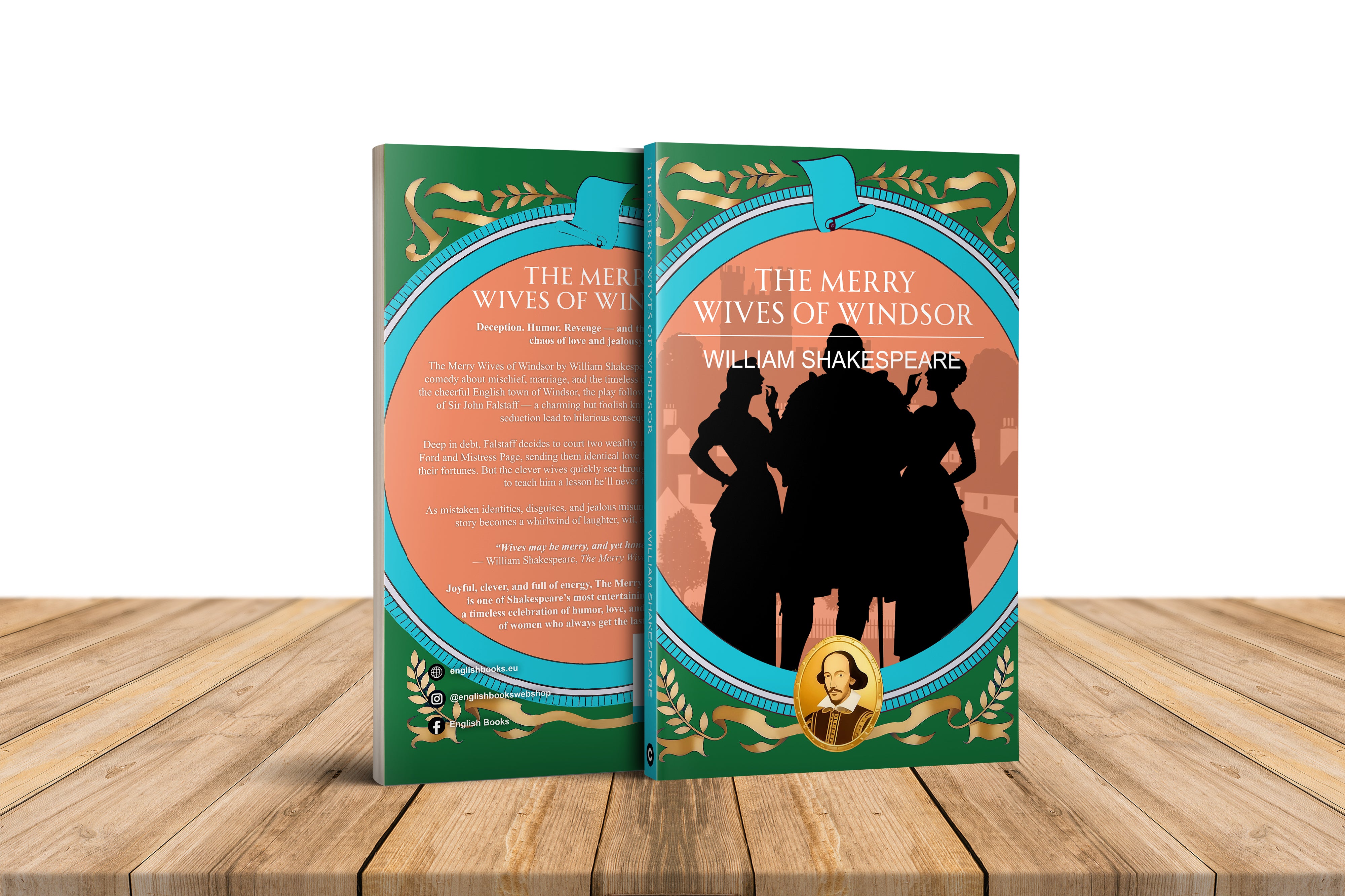 Book titled 'The Merry Wives of Windsor' by William Shakespeare on a wooden surface