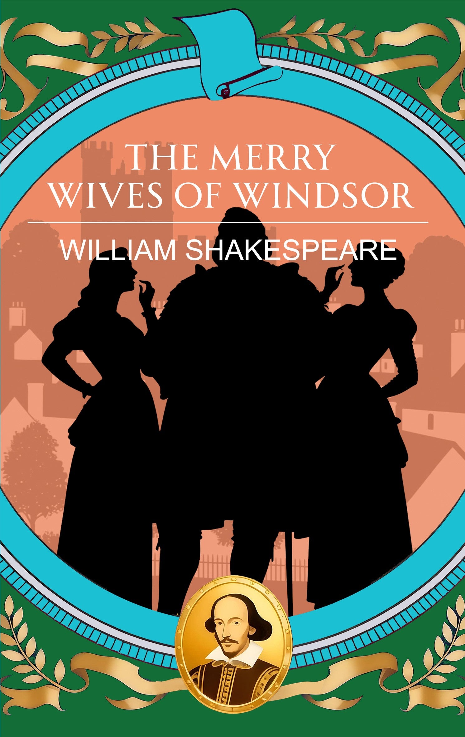 Book cover of 'The Merry Wives of Windsor' by William Shakespeare with silhouettes of characters and decorative elements.