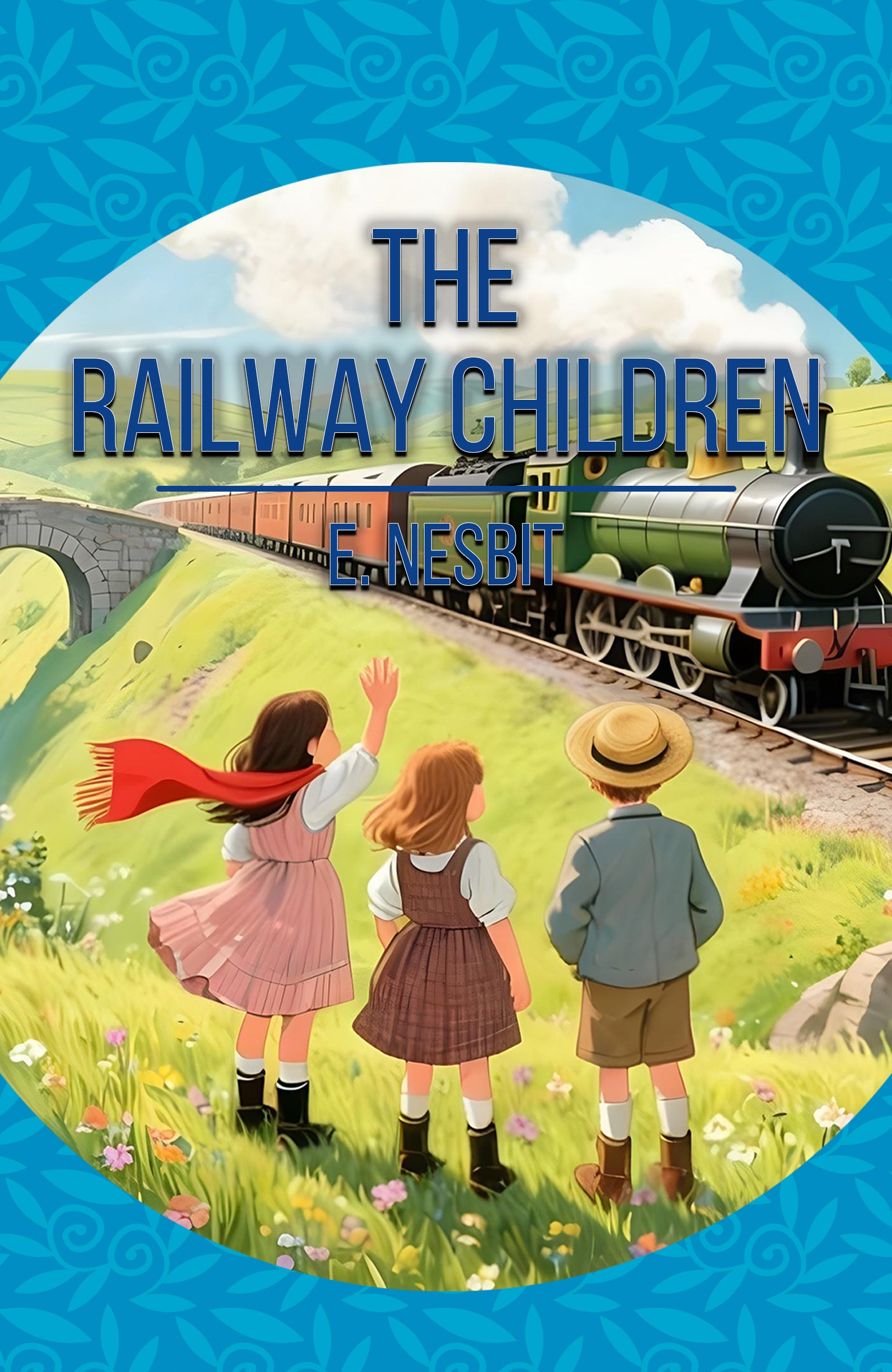 Book cover of 'The Railway Children' by E. Nesbit with children and a train.