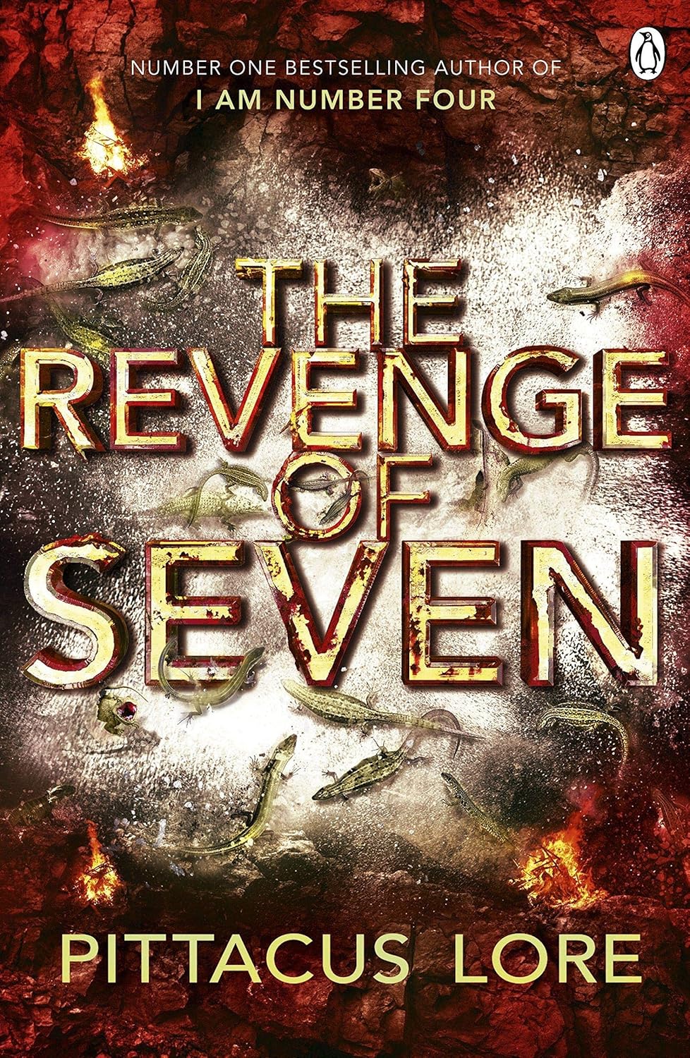 Book cover of 'The Revenge of Seven' by Pittacus Lore with fiery background and gold text.