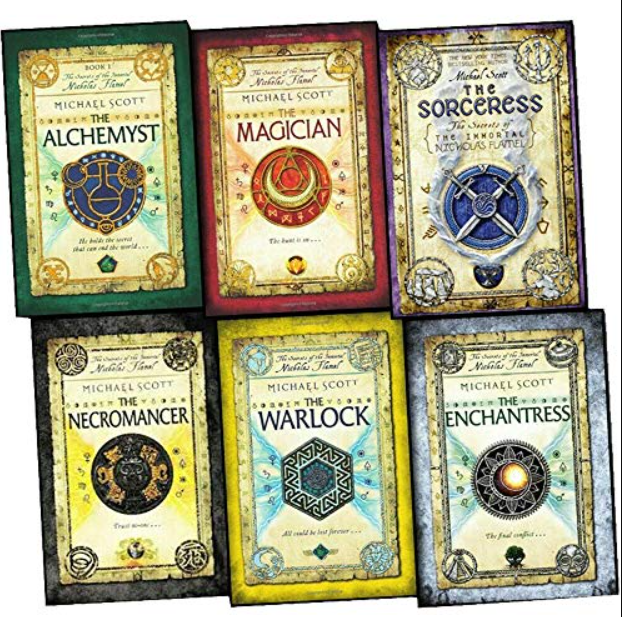 Set of six books from a series titled 'The Alchemist' to 'The Enchantress' by Michael Scott, with colorful covers featuring mystical symbols.