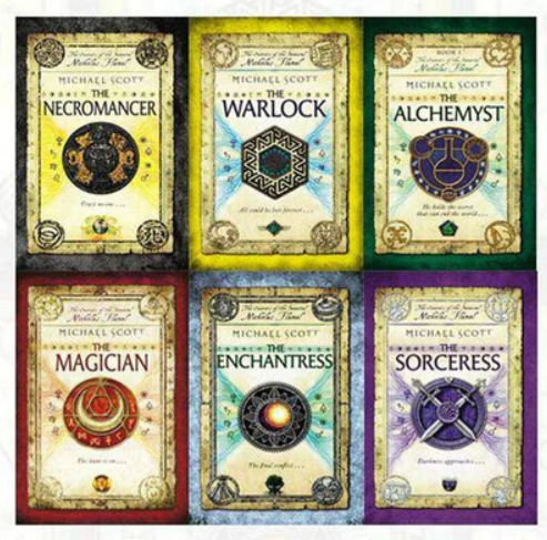 Six book covers from a series titled 'The Necromancer' to 'The Sorceress' by Michael Scott.