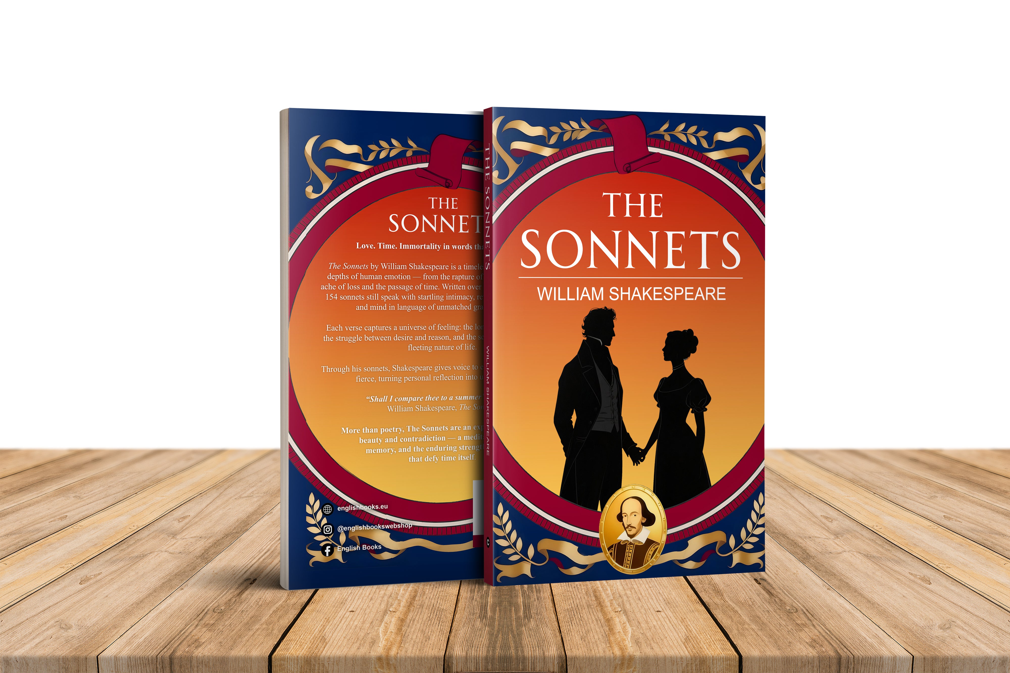 Book titled 'The Sonnets' by William Shakespeare on a wooden surface