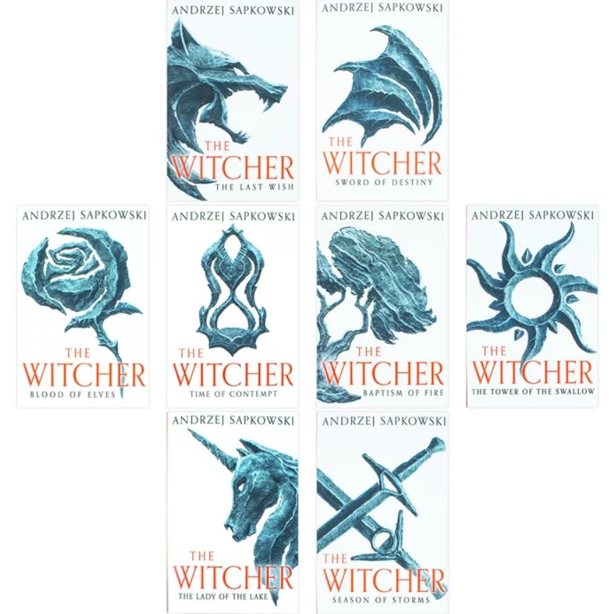 A 3x3 grid of book covers for Andrzej Sapkowski's 'The Witcher' series, featuring the series title in orange and the author's name in white at the top of each cover, set against a plain white background.