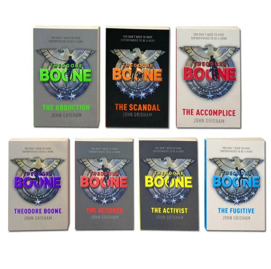 Seven copies of the 'Theodorus Boone' book series by John Grisham arranged in two rows against a plain white background. Each book cover features a different vibrant title color (green, orange, red, purple, yellow, blue) over a dark gray military insignia.
