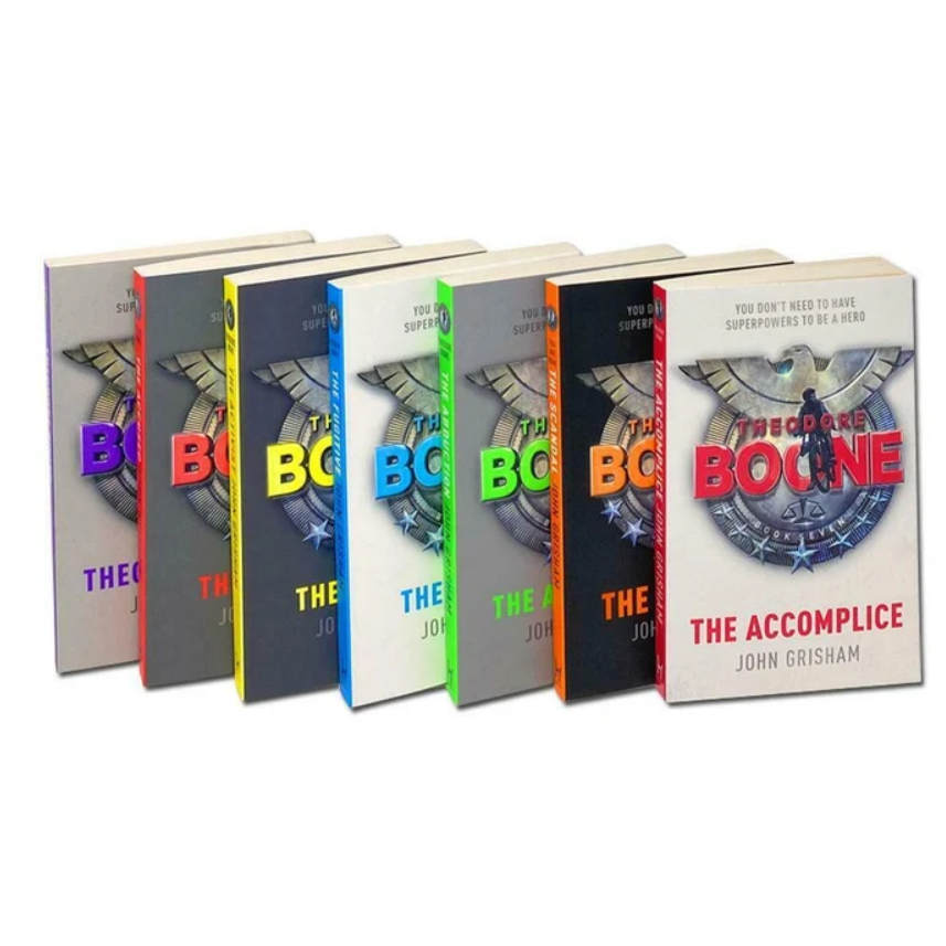 Six paperback books from The Boonie Show series arranged in a fan shape on a white background, showing different colored spines and covers.