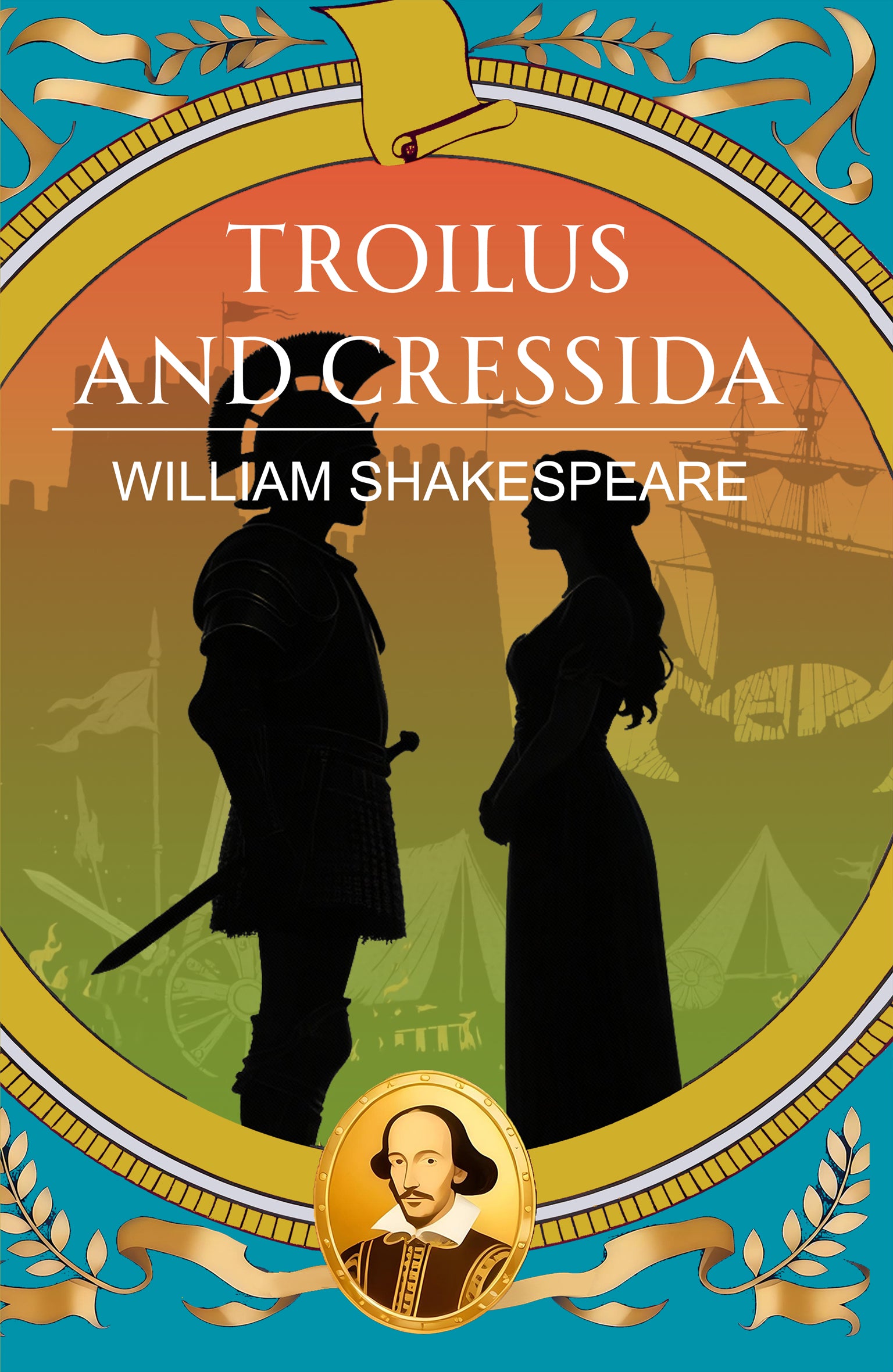 Book cover of 'Troilus and Cressida' by William Shakespeare with silhouettes of a man and woman against a scenic background.