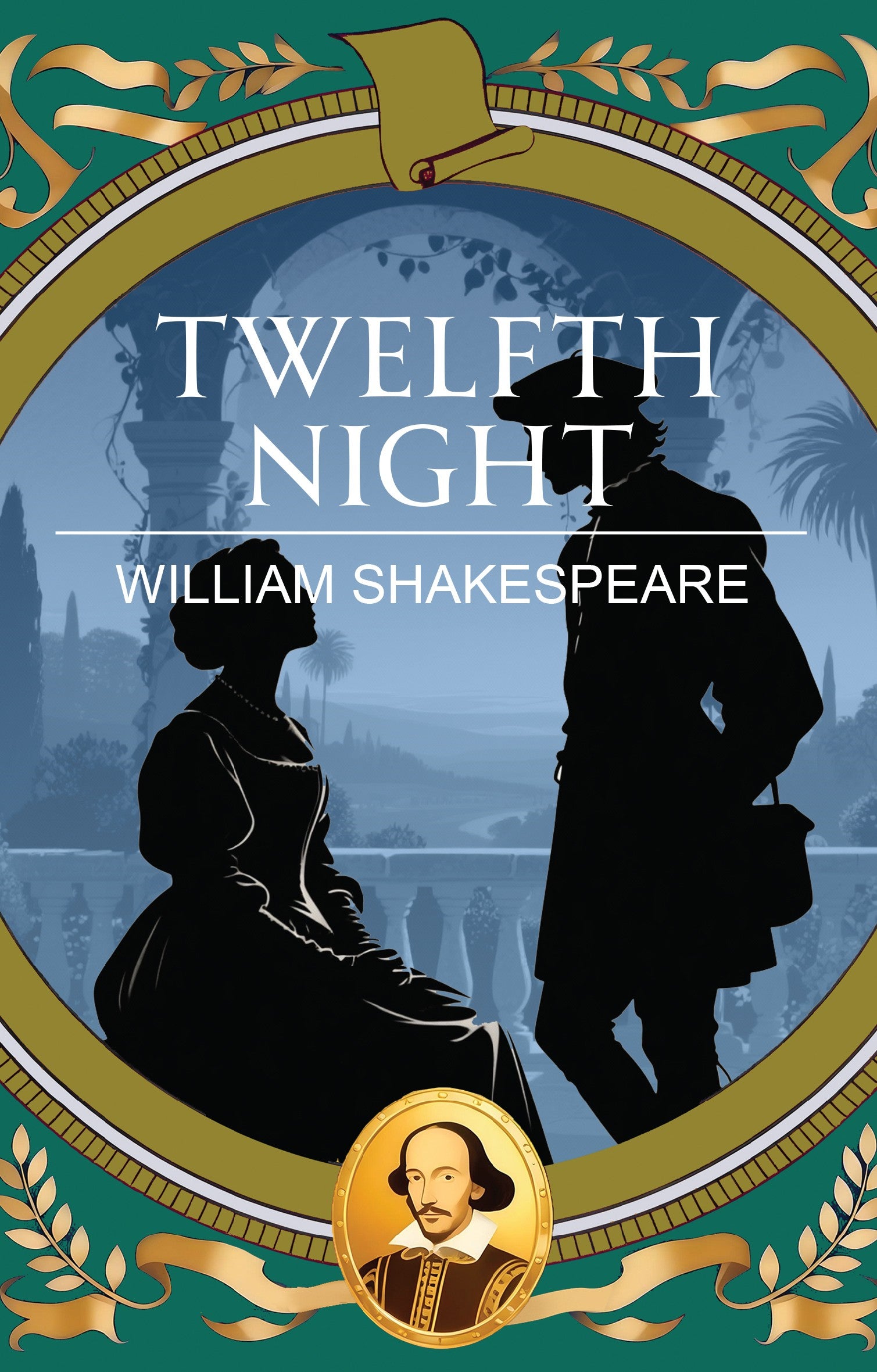 Book cover of 'Twelfth Night' by William Shakespeare with silhouettes of characters and decorative elements.