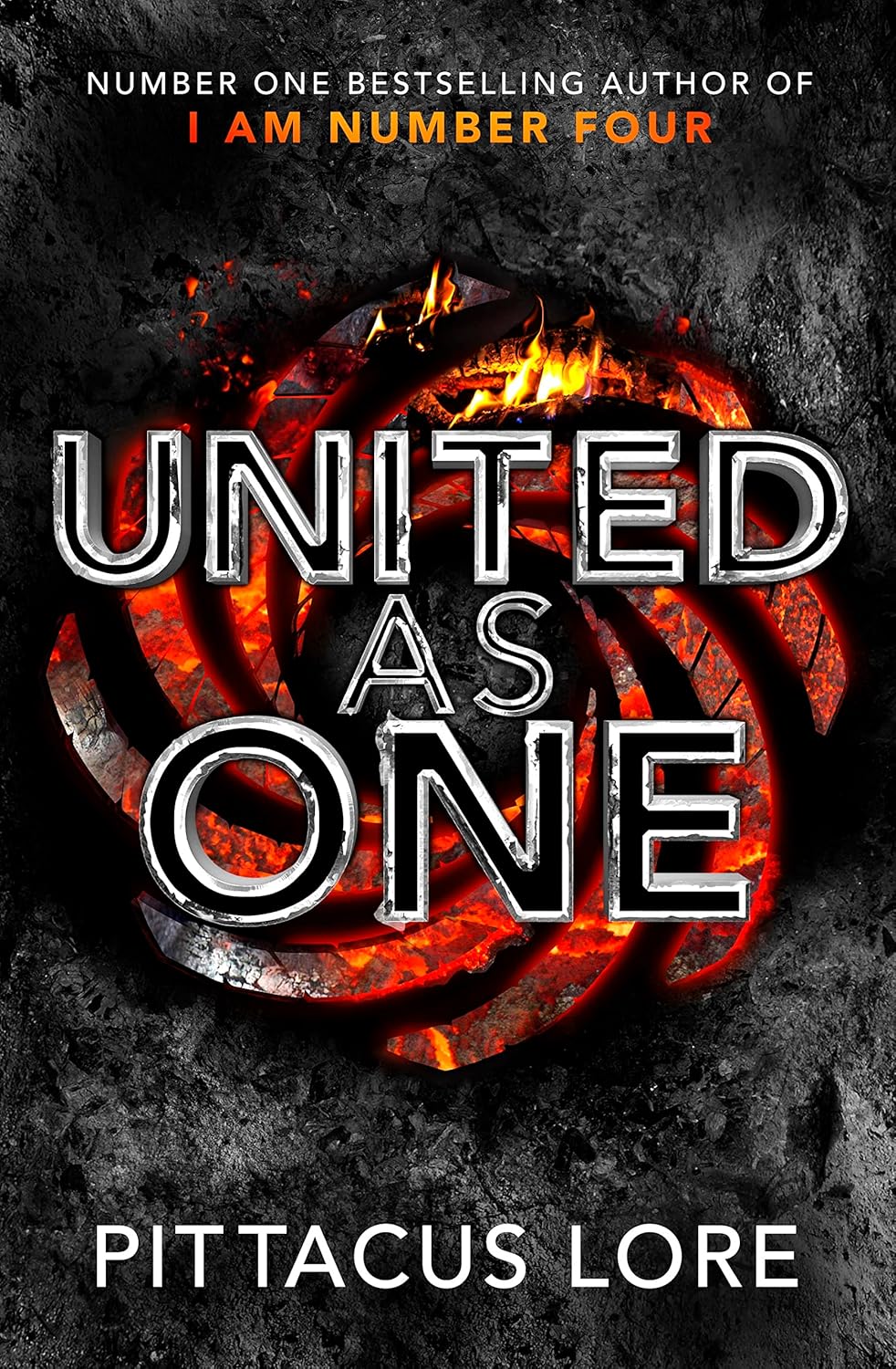 Book cover of 'United as One' by Pittacus Lore with fiery design and dark background