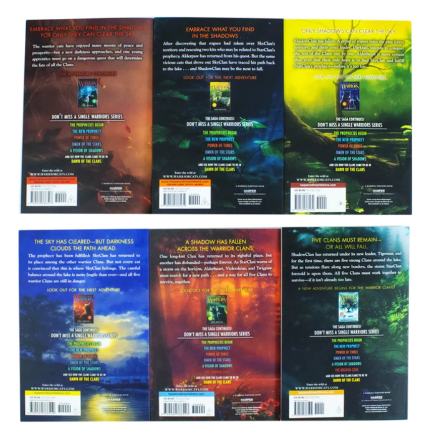 Set of six book back covers with different color schemes and designs.