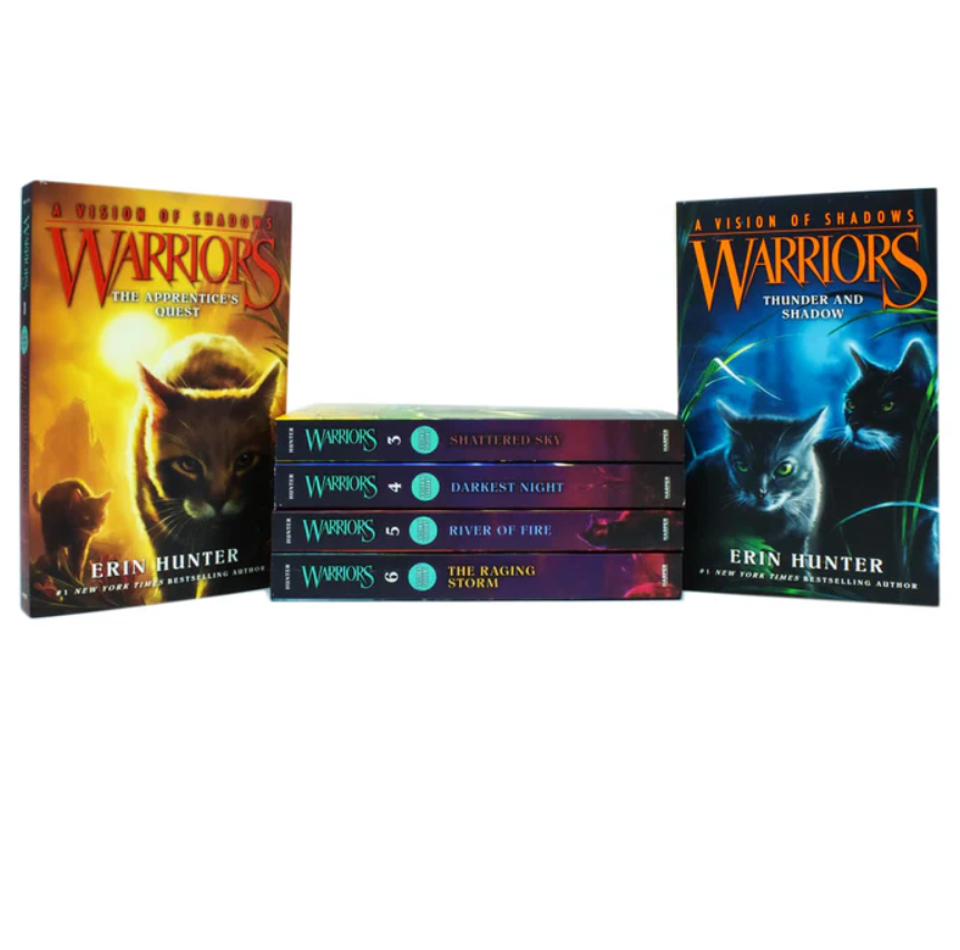 Collection of 'Warriors' books by Erin Hunter on a white background