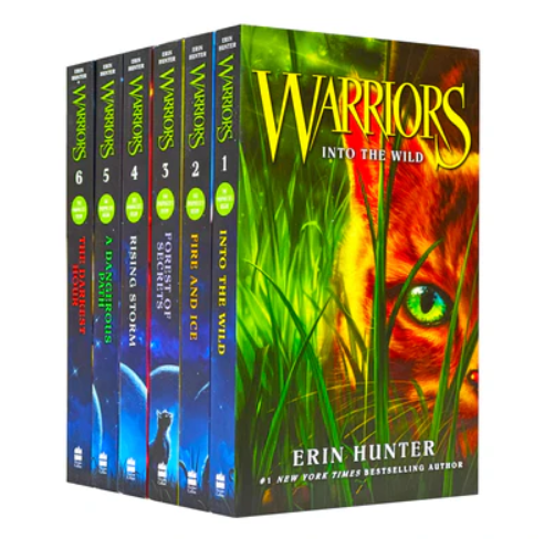 Box set of 'Warriors' books by Erin Hunter with a lioness in grass.