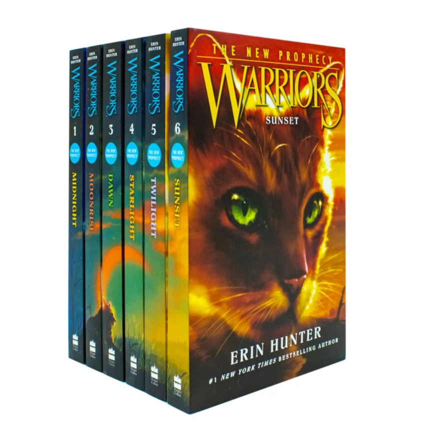 The New Prophesy: Warriors: Sunset book box set by Erin Hunter, showing six books in a row against a plain white background.