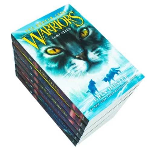 Stack of 'Warriors' books with a cat illustration on the cover